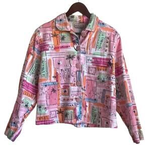 New Direction Women Cotton Top‎ L Multicolor Artsy Novelty Travel Print Jacket